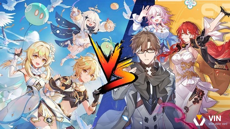 Ảnh minh họa trận chiến thời gian thực trong Genshin Impact hoặc Honkai: Star Rail, với các nhân vật anime thi triển kỹ năng rực rỡ trong thế giới mở sống động.