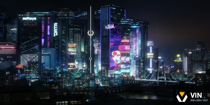 Thành phố Night City rực rỡ trong Cyberpunk 2077 với game nhập vai hay PC hấp dẫn.