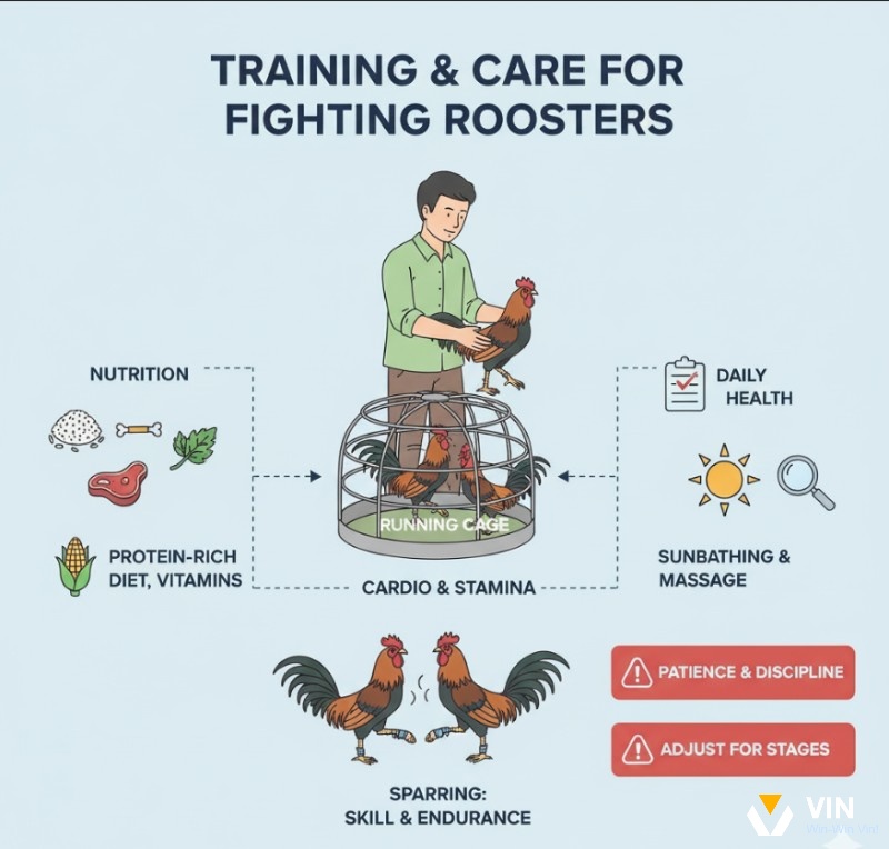 Người huấn luyện chăm sóc và rèn luyện gà chiến với chế độ dinh dưỡng, bài tập và theo dõi sức khỏe để tối ưu tiềm năng