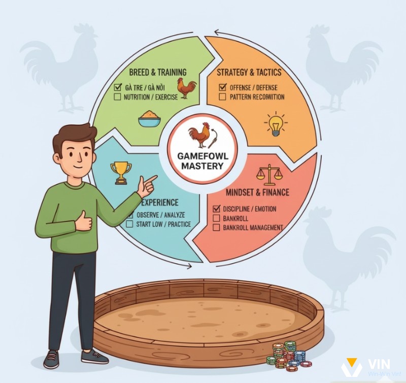 Người chơi tổng hợp kiến thức về đá gà cựa sắt là gì, chiến thuật, quản lý tâm lý và vốn để nâng tầm trải nghiệm