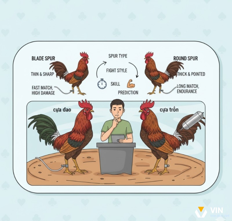 Người chơi đá gà cựa sắt phân tích các loại cựa (dao, tròn) và ảnh hưởng của chúng đến lối đá, chiến thuật và diễn biến trận đấu