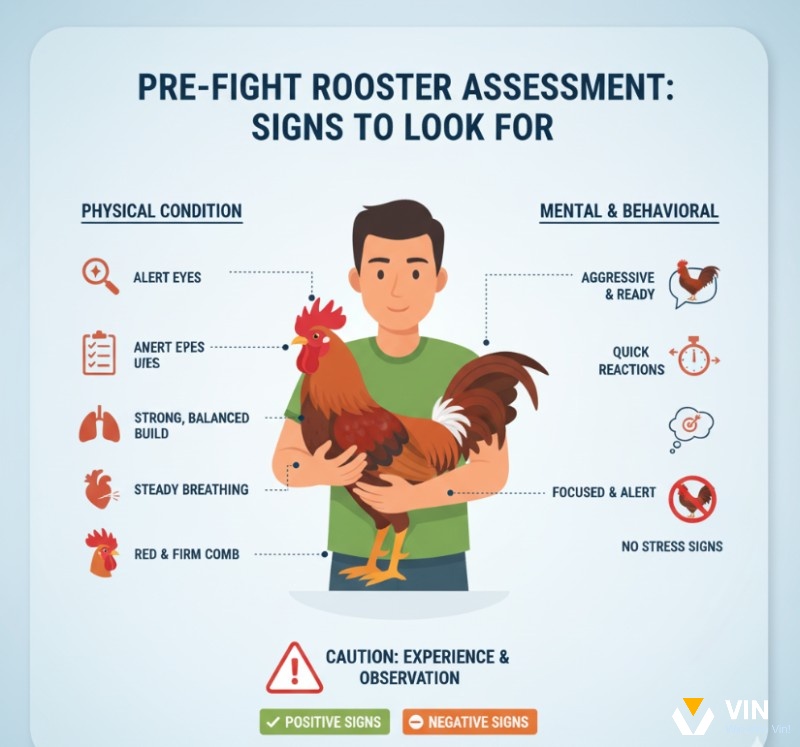 Người chơi quan sát tỉ mỉ các dấu hiệu thể trạng và tâm lý của gà chiến để đánh giá khả năng chiến đấu trước trận