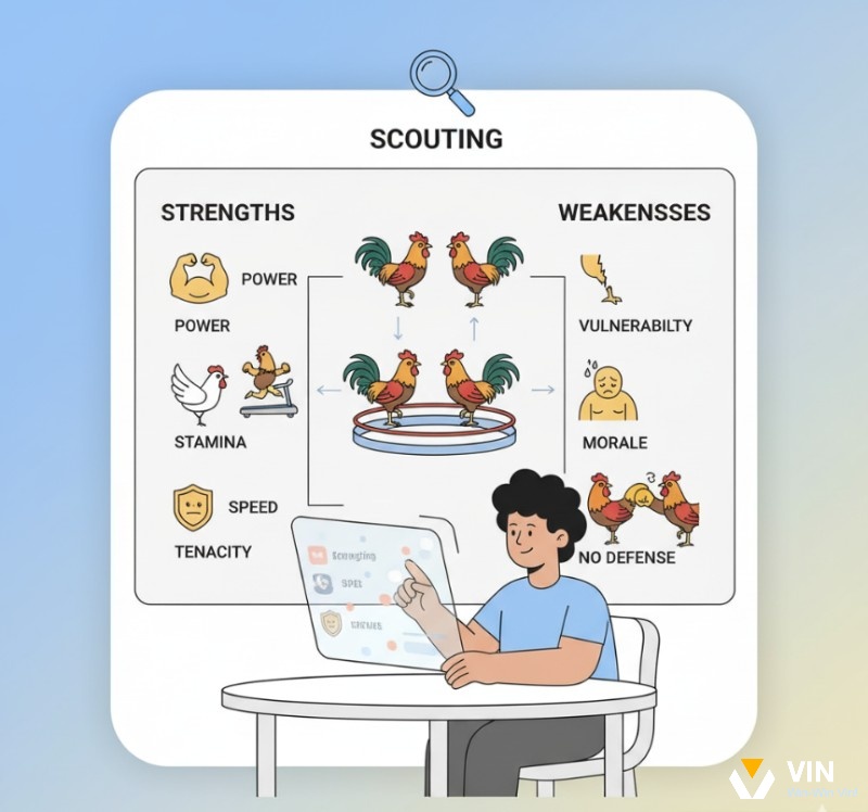 Người quan sát đang đọc vị điểm mạnh và điểm yếu của các cặp gà để đưa ra nhận định chính xác