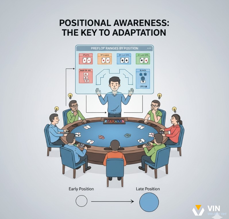 Người chơi poker phân tích tầm ảnh hưởng của vị trí và cấu trúc bàn chơi để điều chỉnh Preflop Ranges phù hợp, nhằm tối đa hóa lợi thế
