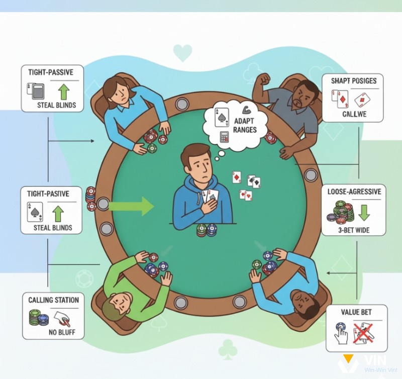 Người chơi poker phân tích và thích nghi Preflop Ranges dựa trên phong cách đối thủ (tight-passive, loose-aggressive, calling station) để khai thác điểm yếu của họ