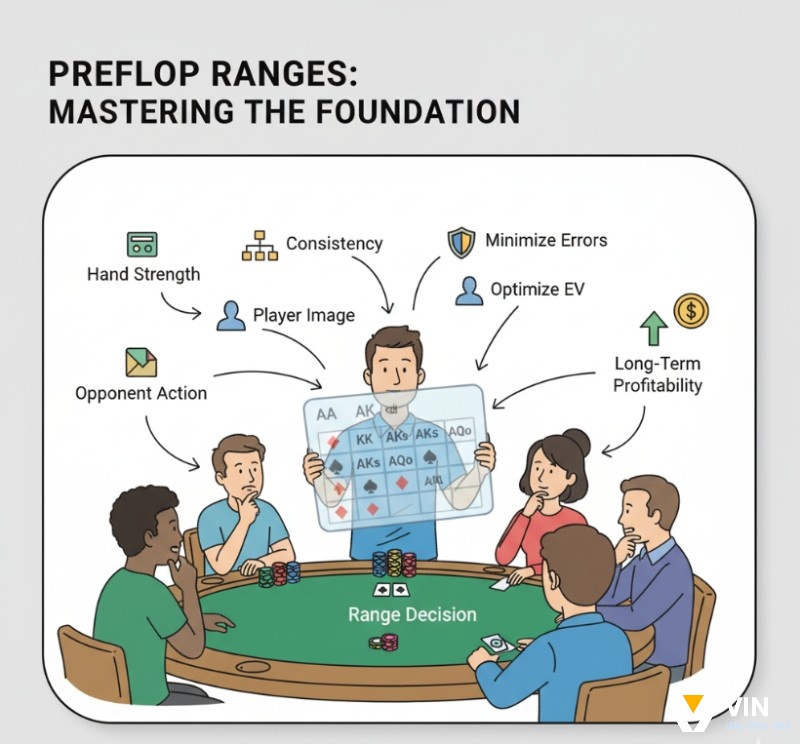 Người chơi poker xây dựng chiến lược, dựa trên Preflop Ranges poker là gì, để đưa ra quyết định nhất quán và tối ưu hóa lợi nhuận dài hạn