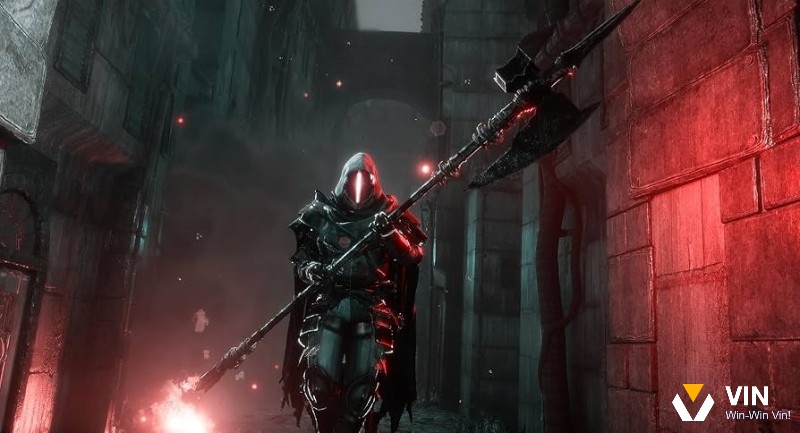 Hành lang kim loại với ống dẫn phát sáng, ánh xanh đỏ nổi bật trên nền tối trong game Bleak Faith: Forsaken