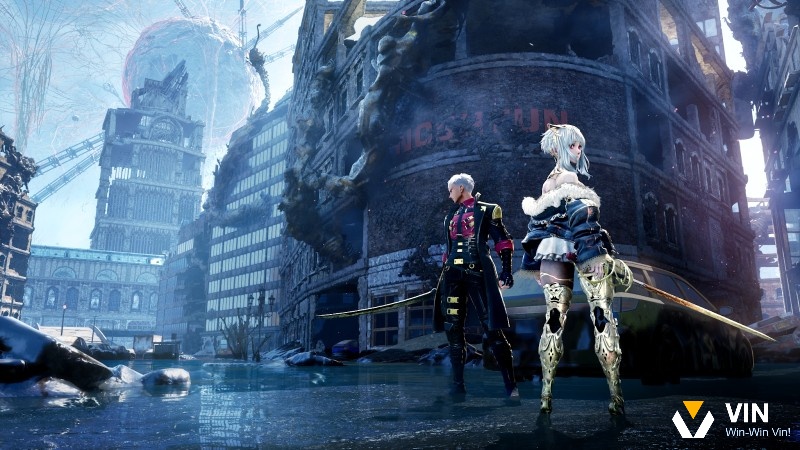 Nhân vật Revenant băng qua khu phế tích thành phố vào buổi đêm, gợi không khí hậu tận thế đặc trưng trong game Code Vein