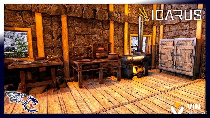 Khu trại với rương đồ và bàn chế tạo, tường gỗ dày và ánh sáng ấm trong đêm