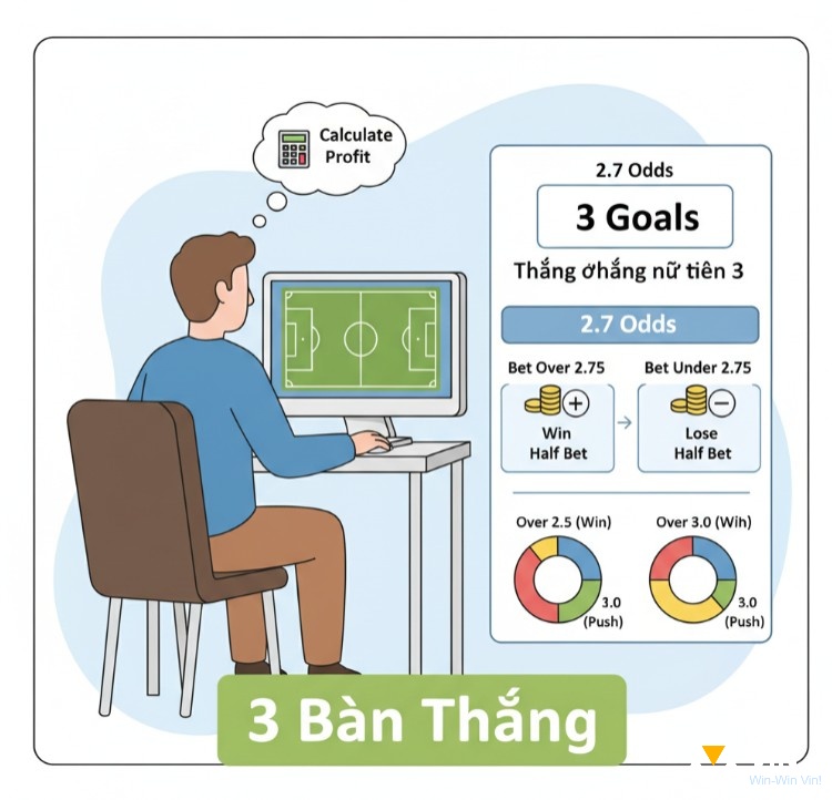 Người chơi cá cược phân tích trận đấu bóng đá với tổng 3 bàn thắng, tính toán lợi nhuận thắng hoặc thua nửa tiền với kèo 2.75