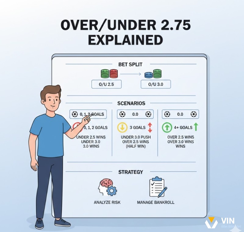 Người chơi cá cược đang phân tích kèo Tài Xỉu 2.75, hiểu rõ cơ chế đặt cược chia đôi và các kịch bản bàn thắng