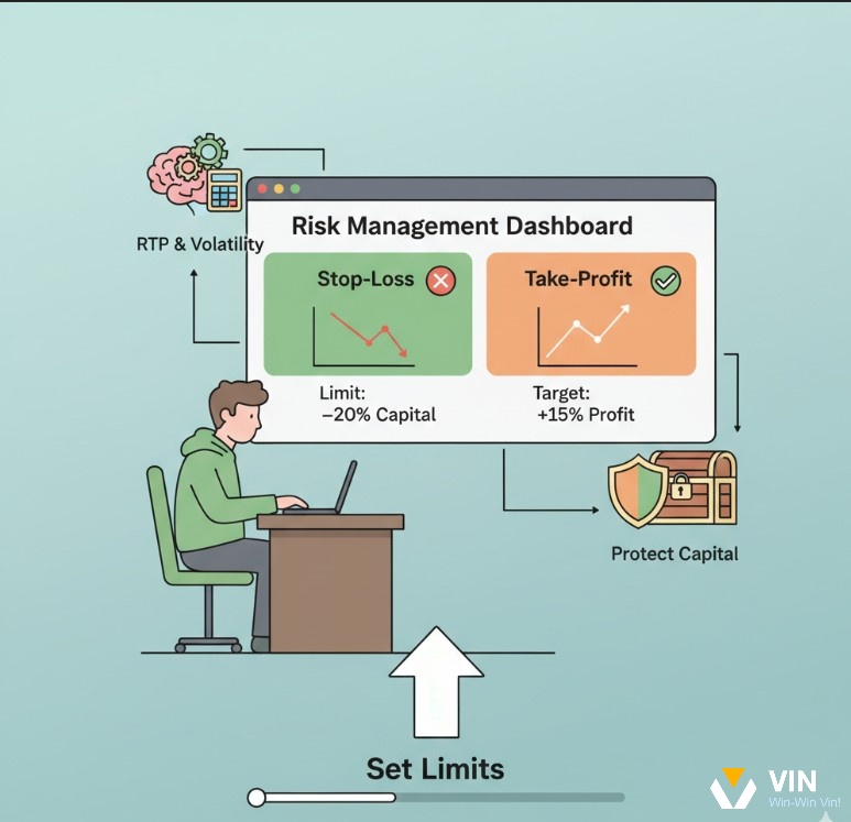 Người chơi cá cược thiết lập điểm dừng cắt lỗ và chốt lời dựa trên RTP và độ biến động để quản lý rủi ro