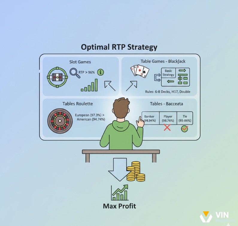 Người chơi chọn game và tối ưu hóa lợi nhuận dựa trên chỉ số RTP thực chiến với Slot, Blackjack, Roulette và Baccarat
