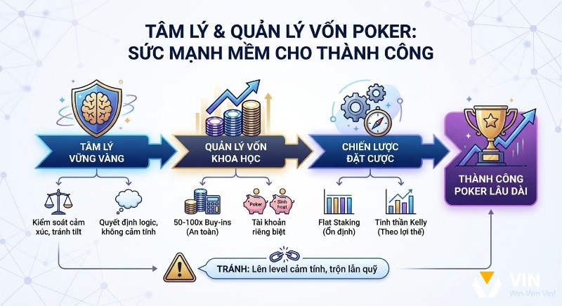 Quy trình chiến thuật chơi poker hiệu quả dài hạn: Từ tâm lý vững vàng đến quản lý vốn 50-100 buy-ins và chiến lược cược