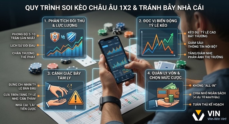 Quy trình 4 bước soi kèo Châu Âu 1x2 là gì hiệu quả: phân tích đối thủ, đọc vị nhà cái, cảnh giác bẫy và quản lý vốn