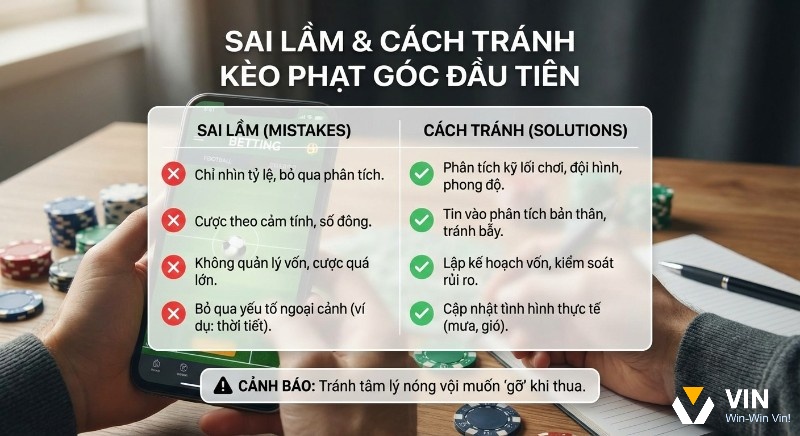 Bảng tổng hợp sai lầm và cách tránh khi chơi kèo cược phạt góc đầu tiên là gì, giúp phân tích, quản lý vốn và tránh bẫy tâm lý