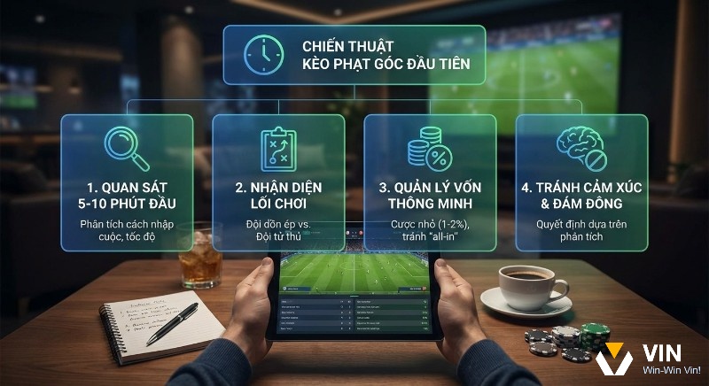Checklist 4 bước săn kèo cược phạt góc đầu tiên là gì: phân tích trận đấu, nhận diện lối chơi, quản lý vốn thông minh và tránh cảm xúc