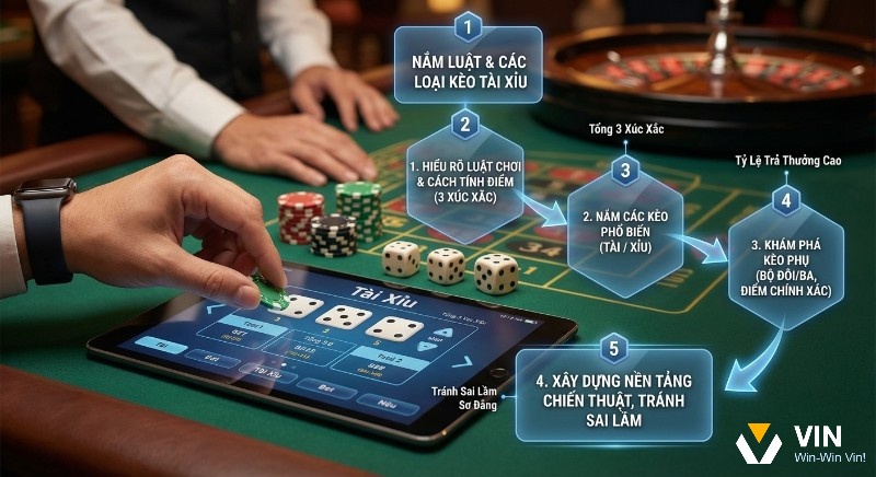 Sơ đồ 5 bước hướng dẫn nắm chắc luật chơi, và các loại kèo Tài Xỉu cơ bản, từ hiểu cách tính điểm đến tránh sai lầm