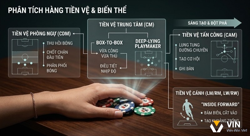 Phân tích chuyên sâu các vai trò và biến thể của hàng tiền vệ, minh họa chức năng, vị trí của CDM, CM, CAM, tiền vệ cánh