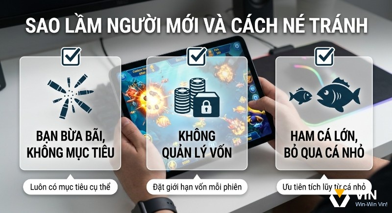 Tổng hợp 3 sai lầm người mới chơi bắn cá online thường mắc như bắn bừa bãi, quản lý vốn và ham cá lớn để có chiến thuật né tránh