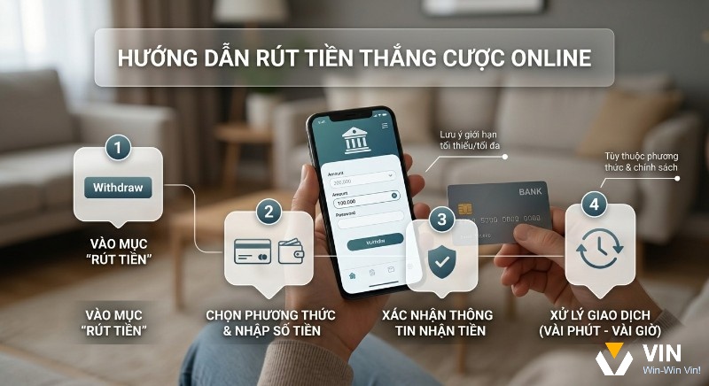 Hướng dẫn 4 bước rút tiền thắng cược online tại nhà cái: vào mục, chọn phương thức, xác nhận và xử lý giao dịch
