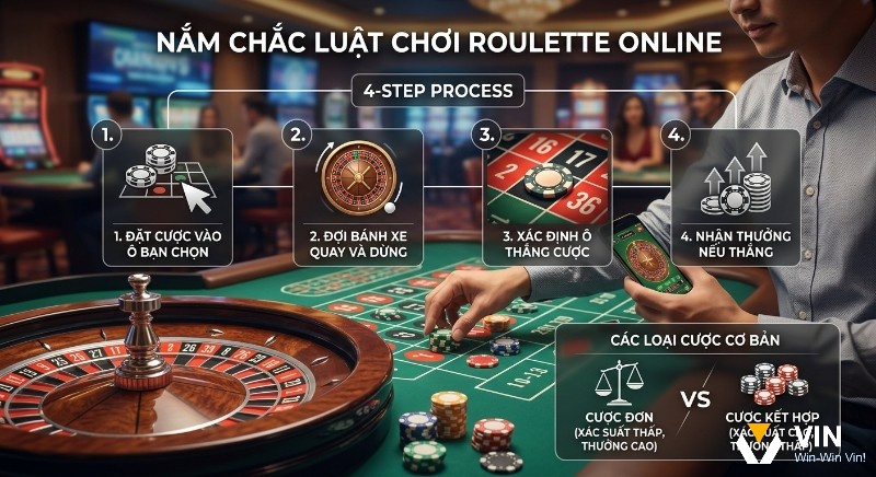 Quy trình 4 bước nắm vững luật chơi Roulette online từ đặt cược, xác định thắng đến phân biệt cược đơn và cược kết hợp