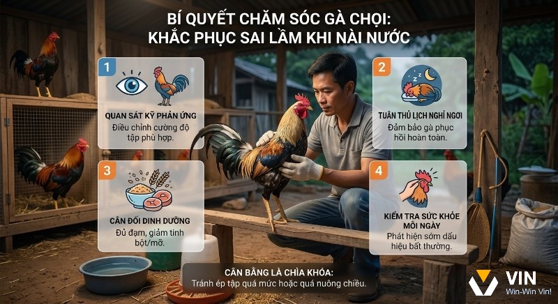 Bí quyết chăm sóc gà chọi, khắc phục sai lầm nài nước qua 4 nguyên tắc và sự cân bằng là chìa khóa