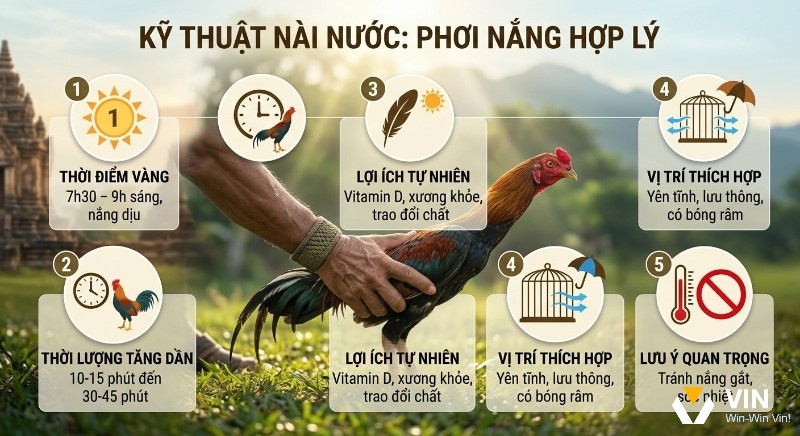 Tổng quan kỹ thuật phơi nắng hợp lý, cho gà chọi giúp nạp năng lượng, tăng sức đề kháng với thời điểm vàng, thời lượng và vị trí thích hợp
