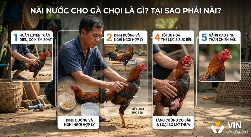 Quy trình cách nài nước cho gà chọi, được thực hiện bài bản qua các bước huấn luyện và chế độ dinh dưỡng, nhằm tối ưu thể lực, tăng sức bền và nâng cao tinh thần thi đấu