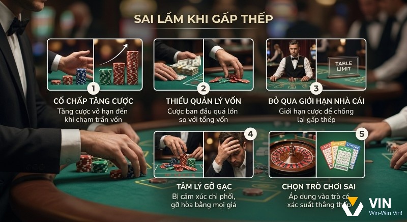 Checklist 5 sai lầm khi dùng chiến thuật gấp thếp: cố chấp tăng cược, thiếu quản lý vốn, bỏ qua giới hạn nhà cái, tâm lý gỡ gạc và chọn trò chơi sai