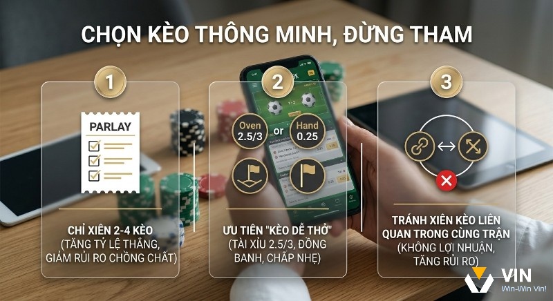 Tổng hợp 3 nguyên tắc chọn kèo xiên là gì thông minh, tránh tham lam: chỉ xiên 2-4 kèo, ưu tiên kèo dễ thở, tránh kèo liên quan