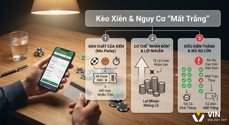 Sơ đồ giải thích, bản chất kèo xiên là gì, cơ chế nhân lợi nhuận và rủi ro mất trắng nếu không hiểu đúng