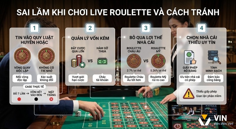 Tổng hợp 4 sai lầm chơi Live roulette là gì cần tránh: tin quy luật, quản lý vốn, lợi thế nhà cái (Châu Âu 2.7%), giấy phép