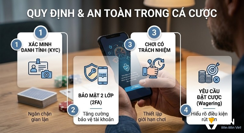 Hướng dẫn 4 bước đảm bảo quy định và an toàn trong cá cược, bao gồm KYC, 2FA, chơi có trách nhiệm và hiểu rõ yêu cầu rút tiền