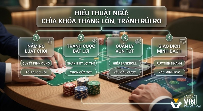 Quy trình 4 bước rành thuật ngữ casino trực tuyến giúp thắng lớn, tránh rủi ro, từ nắm luật chơi đến quản lý vốn và giao dịch minh bạch