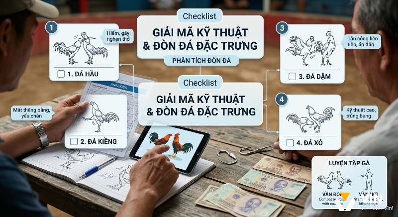 Checklist hướng dẫn giải mã kỹ thuật và đòn đá đặc trưng của gà chọi, trình bày 4 đòn hiểm và phương pháp luyện tập