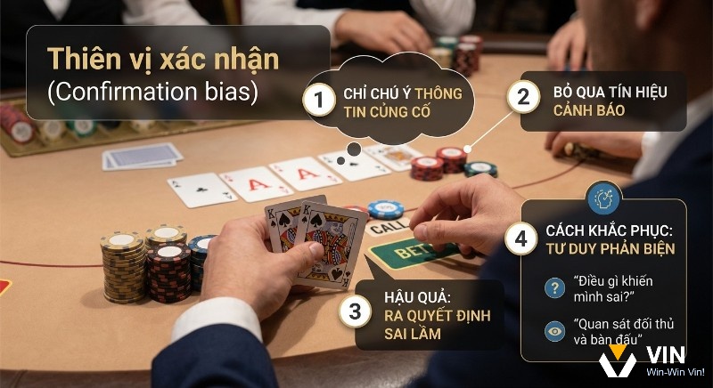Tổng hợp lỗi tư duy trong poker: Lỗi Thiên vị xác nhận là chú ý thông tin củng cố, bỏ qua cảnh báo, khắc phục bằng tư duy phản biện
