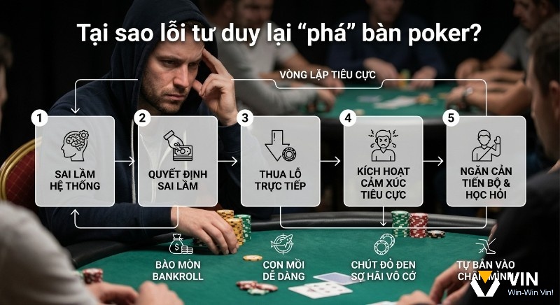 Sơ đồ vòng lặp tiêu cực 5 bước minh họa lỗi tư duy phá bàn poker, gây bào mòn bankroll và cản trở tiến bộ