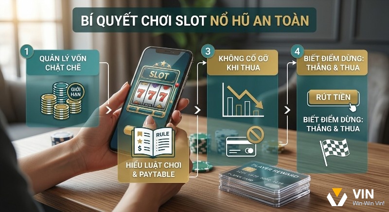 Checklist 4 bước quản lý vốn, hiểu luật, không cố gỡ và biết điểm dừng giúp chơi slot nổ hũ an toàn, tối ưu trải nghiệm