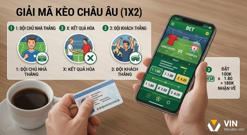 Kèo châu Âu 1X2 là loại kèo với ba lựa chọn gồm: đội chủ nhà thắng (1), hai đội hòa (X) hoặc đội khách thắng (2), ví dụ nếu đặt 100K và dự đoán đúng kết quả, người chơi có thể nhận về 180K