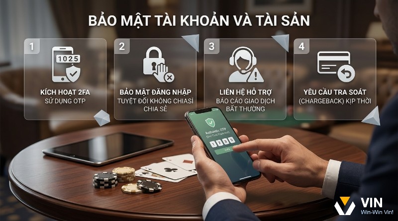 Hướng dẫn bảo vệ tài sản và quy trình tra soát: kích hoạt 2FA/OTP, giữ bí mật thông tin, phát hiện giao dịch bất thường, yêu cầu chargeback
