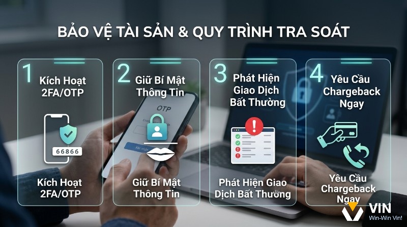 Bảo mật tài khoản, bảo vệ tài sản với 4 bước: kích hoạt 2FA, sử dụng OTP trên điện thoại, không chia sẻ thông tin, yêu cầu tra soát chargeback