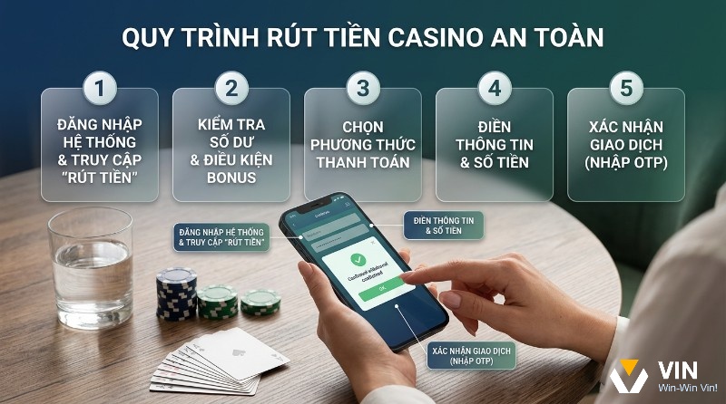 Cách rút tiền casino online an toàn 5 bước: đăng nhập, kiểm tra số dư, chọn phương thức, điền thông tin và xác nhận giao dịch OTP