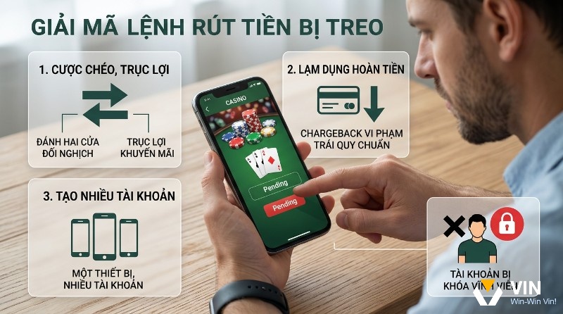 Giải mã lệnh rút tiền, bị treo do cược chéo, lạm dụng hoàn tiền (chargeback) và tạo nhiều tài khoản, dẫn đến tài khoản bị khóa vĩnh viễn