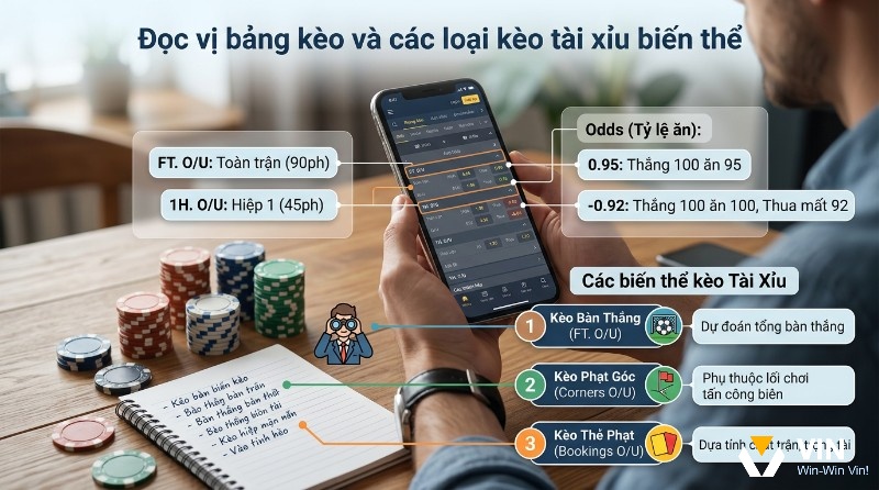 Người chơi trên điện thoại có thể xem bảng kèo Tài Xỉu bằng cách phân biệt kèo toàn trận, hiệp 1, tỷ lệ ăn tiền và các biến thể như phạt góc, thẻ phạt để dễ theo dõi hơn