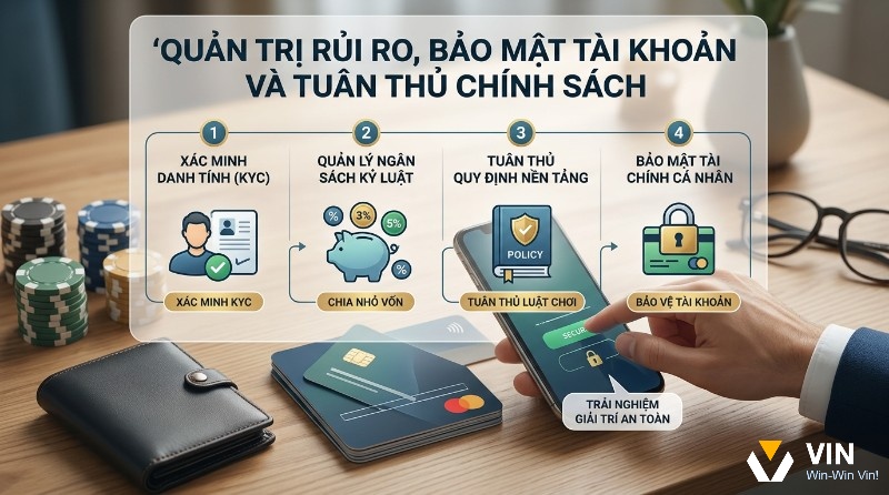 Quản trị rủi ro, bảo mật tài khoản và tuân thủ chính sách nền tảng qua 4 bước: xác minh KYC, quản lý ngân sách kỷ luật (3-5%), tuân thủ quy định, bảo vệ tài chính cá nhân
