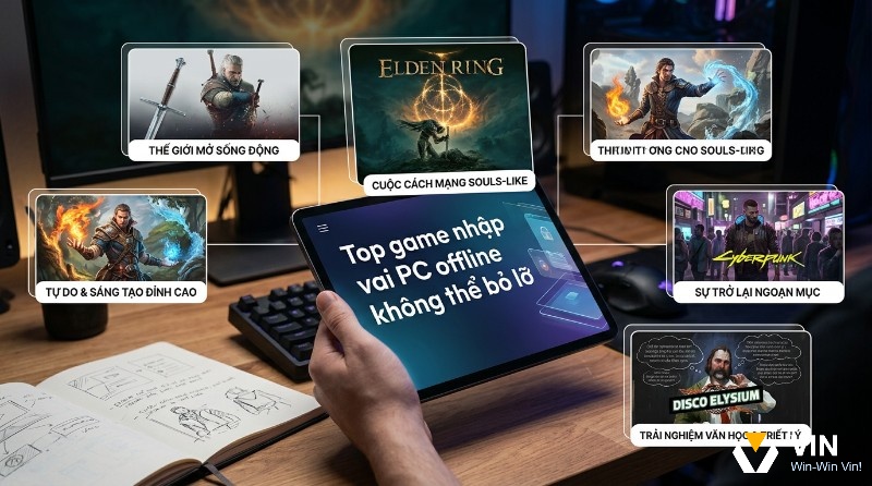 Top game nhập vai PC offline trên tablet, với các tựa game The Witcher 3, Elden Ring, Divinity Original Sin 2, Cyberpunk 2077, Disco Elysium cùng mô tả đặc trưng