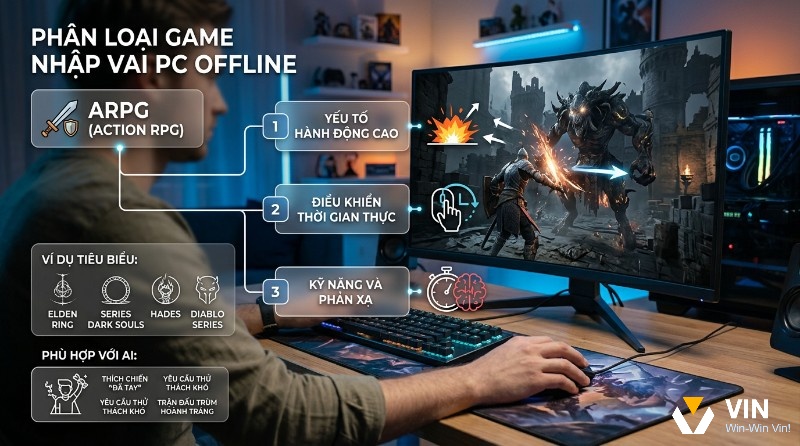 ARPG PC offline với lối chơi hành động thời gian thực, đòi hỏi kỹ năng và phản xạ cao trong các tựa game như Elden Ring, Dark Souls, Hades và Diablo