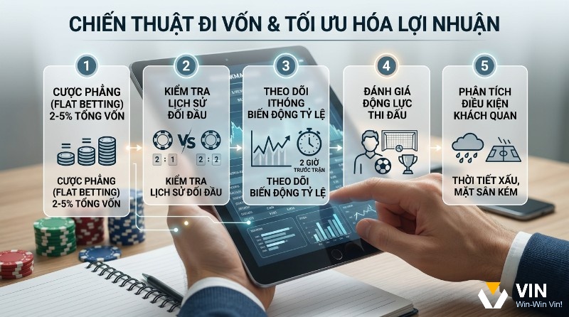 Chiến thuật đi vốn tối ưu lợi nhuận với cược phẳng 2-5% vốn, kiểm tra lịch sử, theo dõi tỷ lệ, đánh giá động lực, phân tích điều kiện khách quan