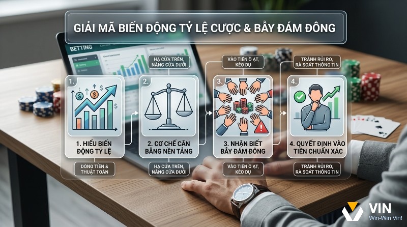 Giải mã biến động tỷ lệ cược và bẫy đám đông qua 4 bước: hiểu biến động, cân bằng nền tảng, nhận biết bẫy, quyết định chuẩn xác